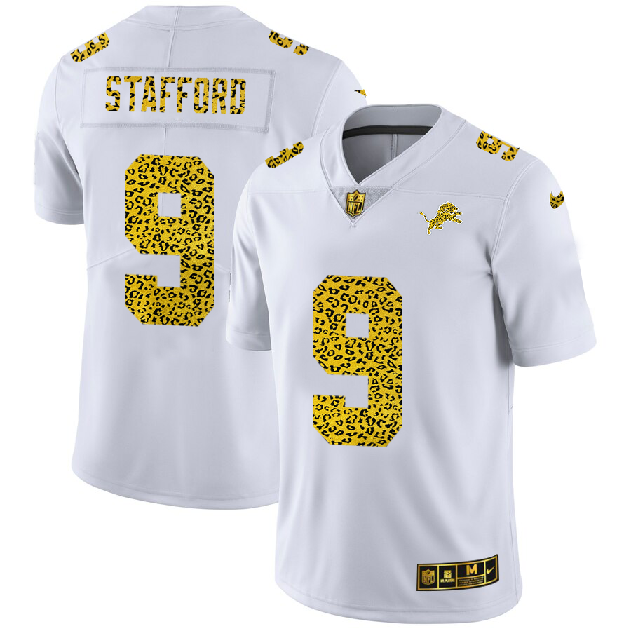 Custom Detroit Lions 9 Matthew Stafford Men Nike Flocked Leopard Print Vapor Limited NFL Jersey White
